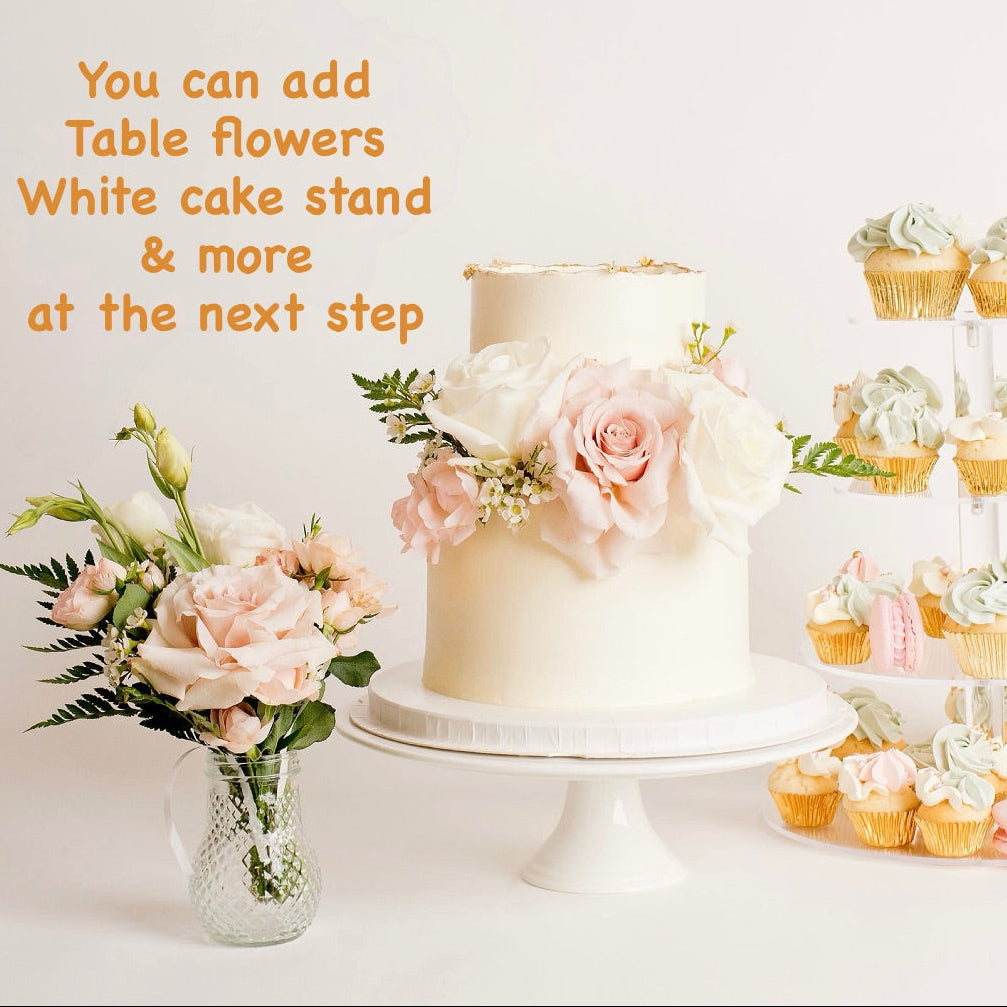 Beautiful Two-tier wedding cake with fresh flower decoration, includes 24 Chocolate and vanilla cupcakes, 12 luxe mini cupcakes, 12 macarons, and a four-tier acrylic cupcake stand, Made by Cute Cakes and co, 5 star cake shop, best cake shop in Brisbane