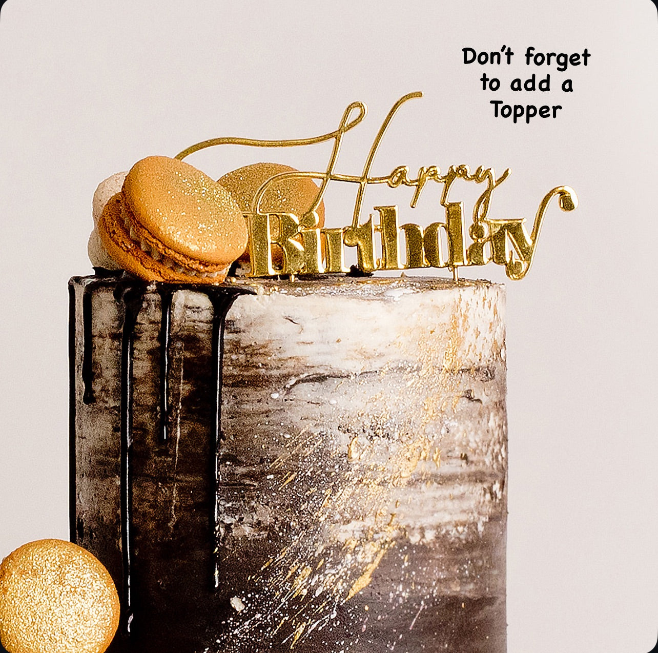 Black and gold cake with a happy birthday topper . Great for male birthday cake. Ombre black drip, macarons and gold glitter. Made by Cute Cakes & Co . Brisbane best cake shop.5 start reviews