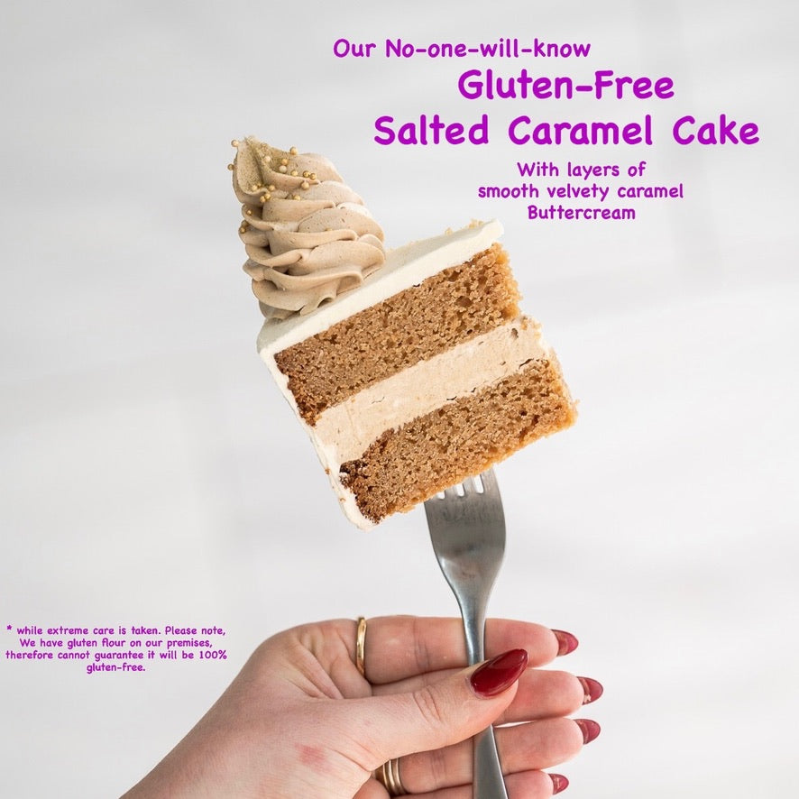 Our delicious of our gluten-free salted caramel cake. Made by Cute Cakes and co. Brisbane base cake shop