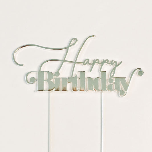 Happy birthday cake topper in silver, Birthday cake toppers, birthday cakes Brisbane, cakes Brisbane cake shops Brisbane, cupcakes Brisbane, cake shop Brisbane, Cute Cakes & Co, Cute Cakes and Co