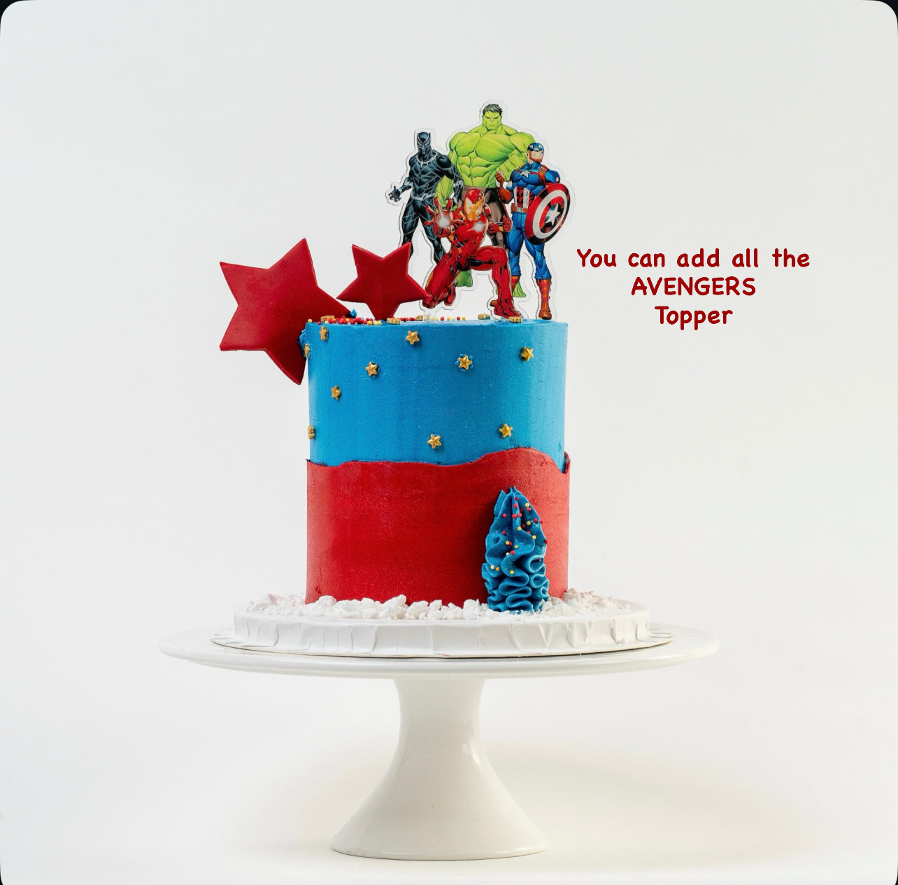 Avengers topper on the Superhero themed cake blue and red buttercream gold stars  Made with love by Cute Cakes & Co, Brisbane Favourite cake shop. 
5 star review cake shop in Brisbane. 