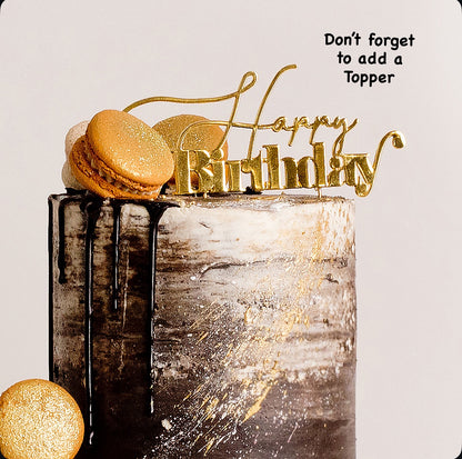 Black and gold cake with a happy birthday topper . Great for male birthday cake. Ombre black drip, macarons and gold glitter. Made by Cute Cakes & Co . Brisbane best cake shop.5 start reviews 