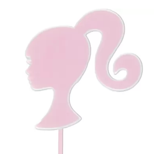 Barbie Cake topper Silhouette of her head with her ponytail - in pink. 
Cute Cakes & Co, Brisbane Favourite cake shop. 
5 star review cake shop in Brisbane. 