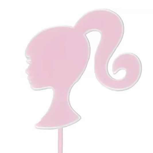 Barbie Cake topper Silhouette of her head with her ponytail - in pink. 
Cute Cakes & Co, Brisbane Favourite cake shop. 
5 star review cake shop in Brisbane. 