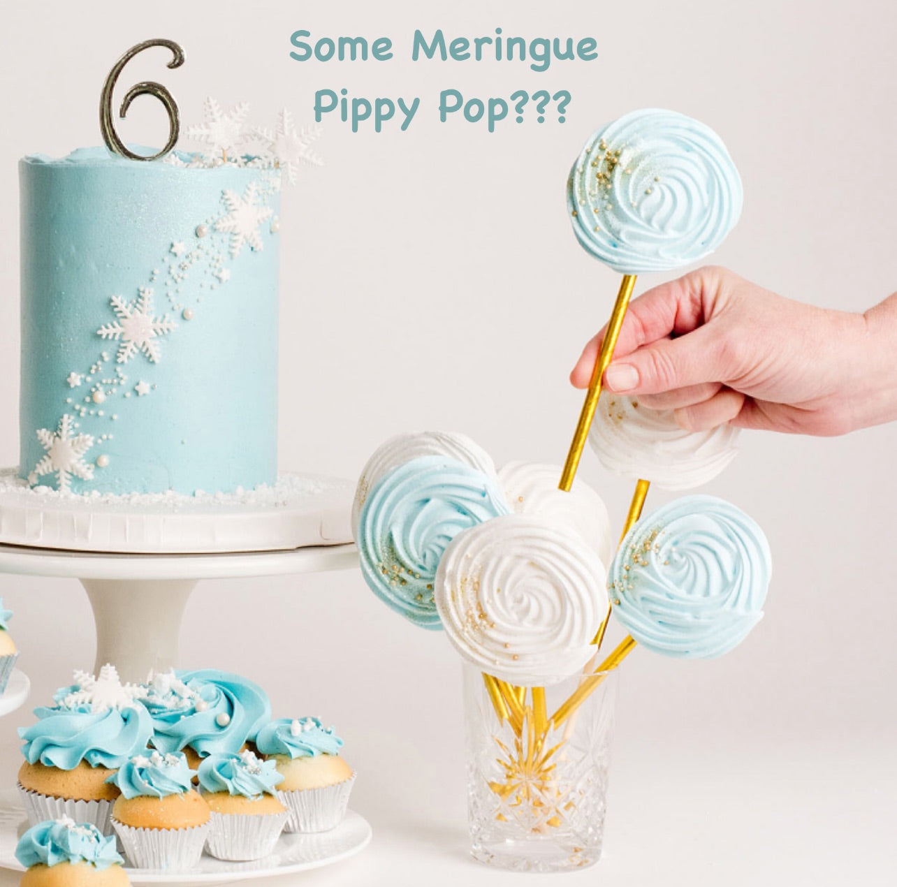 Disney Frozen themed birthday cake iced in light blue buttercream with snowflakes stars and glitter perfect for a little girl's birthday  set up with meringue pops. 
Looks fabulous.   Made with love by the five star cake shop ,Cute Cakes and Co, Brisbane.  Mitchelton , Cake shop near you 