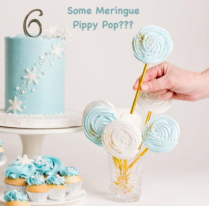 Disney Frozen themed birthday cake iced in light blue buttercream with snowflakes stars and glitter perfect for a little girl's birthday  set up with meringue pops. 
Looks fabulous.   Made with love by the five star cake shop ,Cute Cakes and Co, Brisbane.  Mitchelton , Cake shop near you 