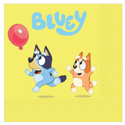 Napkin with cartoon characters and 'Bluey' text on a yellow background