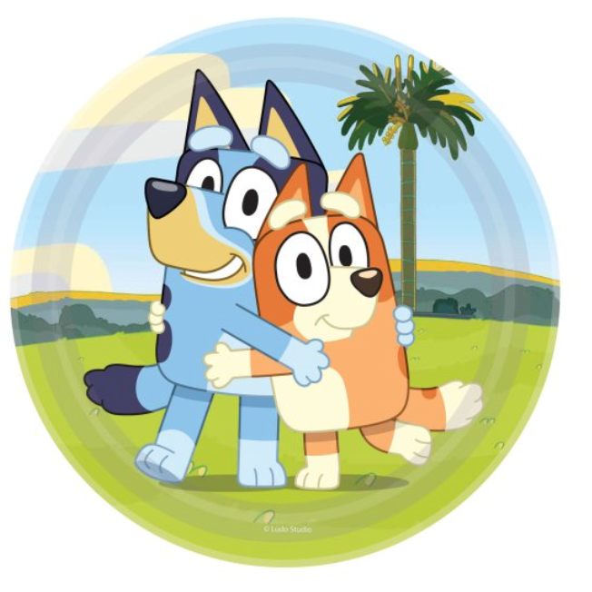Bluey and Bingo plate.  hugging with a palm tree and landscape in the background