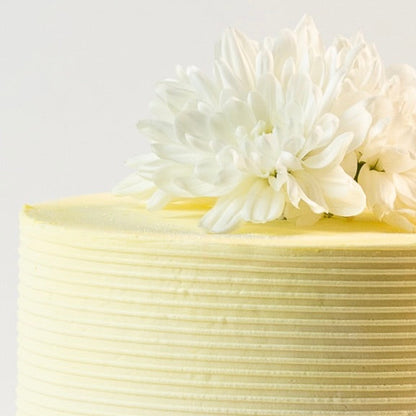 Close up image of a Light sherbet yellow colour cake. Decorated with ribbed buttercream feature on the sides and white fresh flowers on the top. Made with love by Brisbane’s favourite, 5 star cake shop, Cute Cakes & Co 