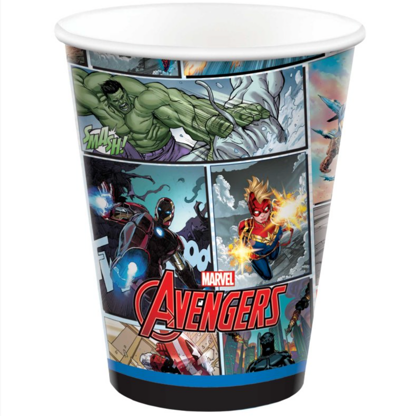 Marvel Avengers-themed paper cup with superhero graphics on a white background