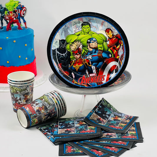 Marvel Avengers-themed party supplies including plates, cups, and napkins on a white background.