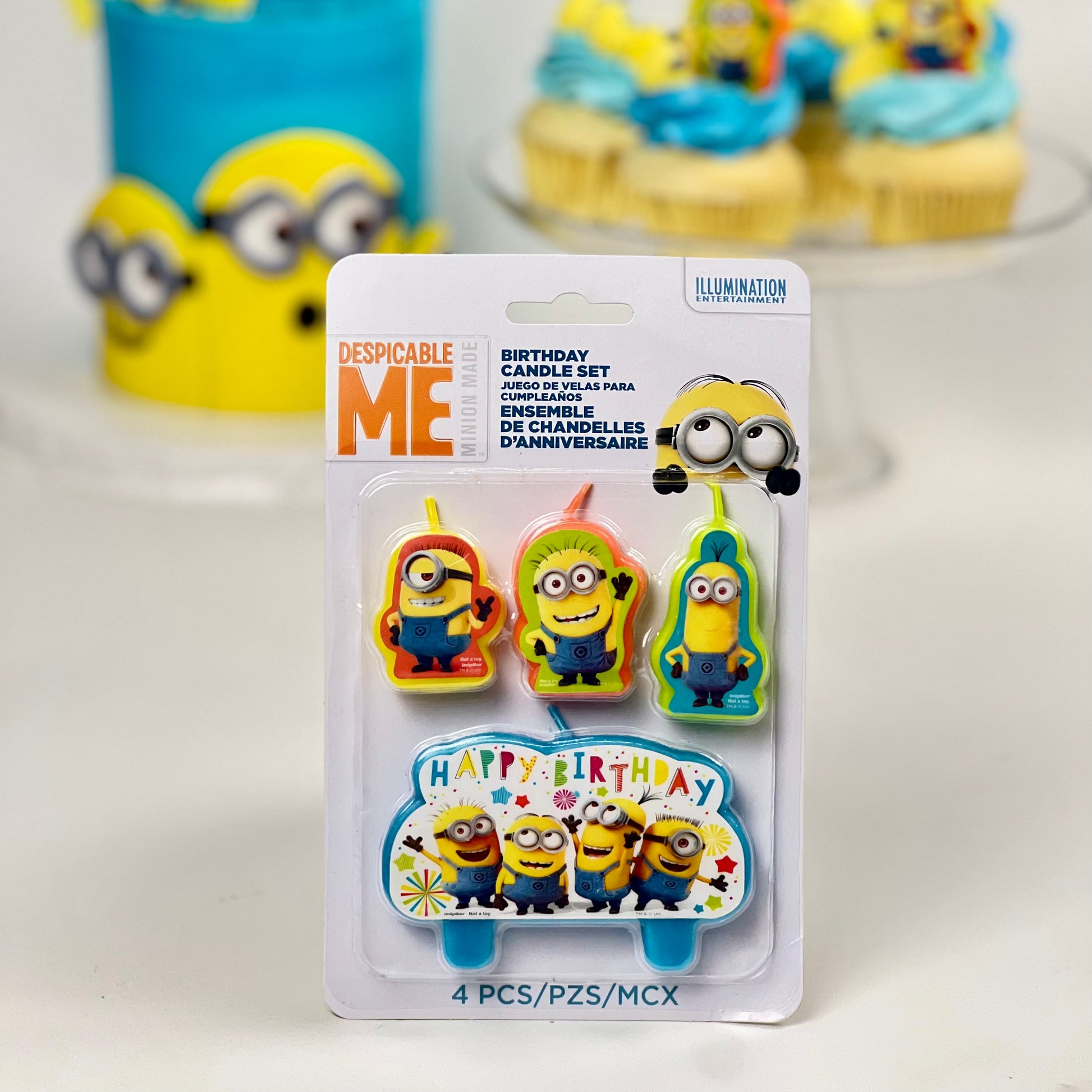 Despicable Me birthday candle set with Minion characters on a white background