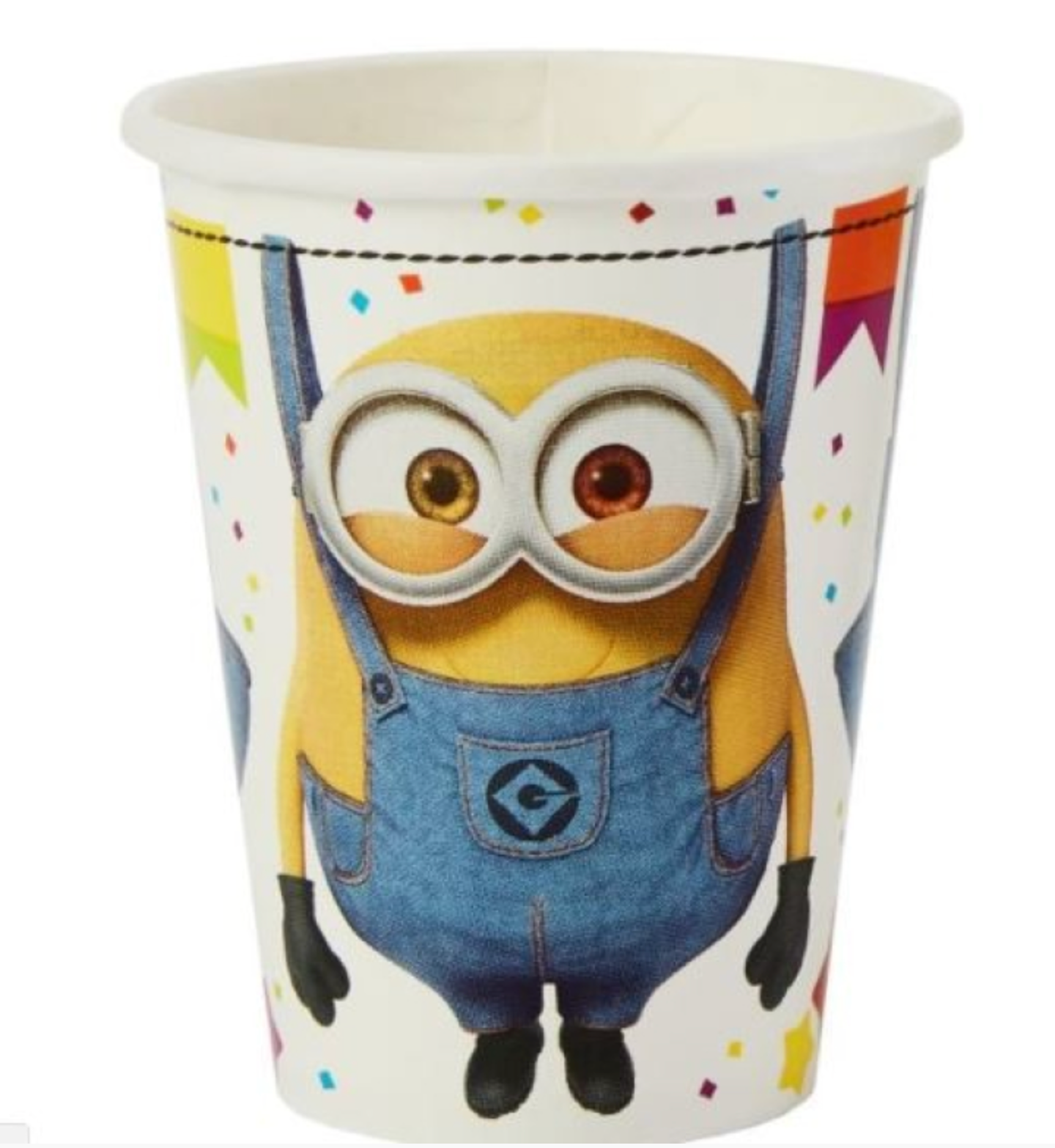 Paper cup with a Minion character design on a white background