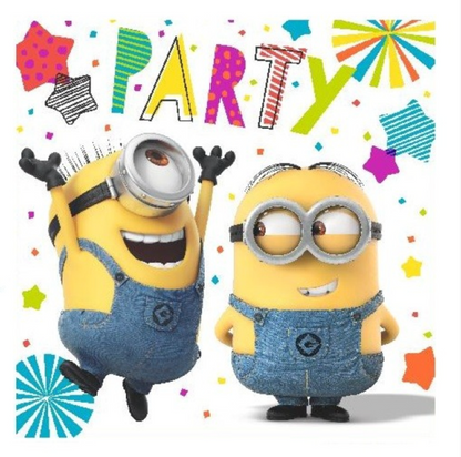 Serviette with minion characters with goggles and denim overalls in front of a colorful 'PARTY' text.
