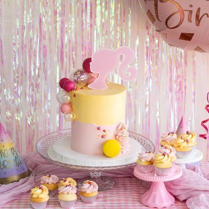 Girls party with a cute yellow and pink cake, cupcakes, Made with love by Cute Cakes & Co, Brisbane Favourite cake shop. 
5 star review cake shop in Brisbane. 