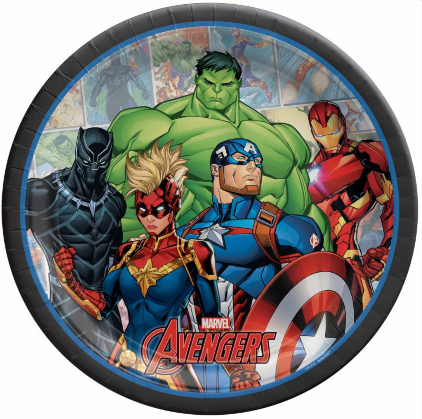 Round plate with Marvel Avengers characters and logo