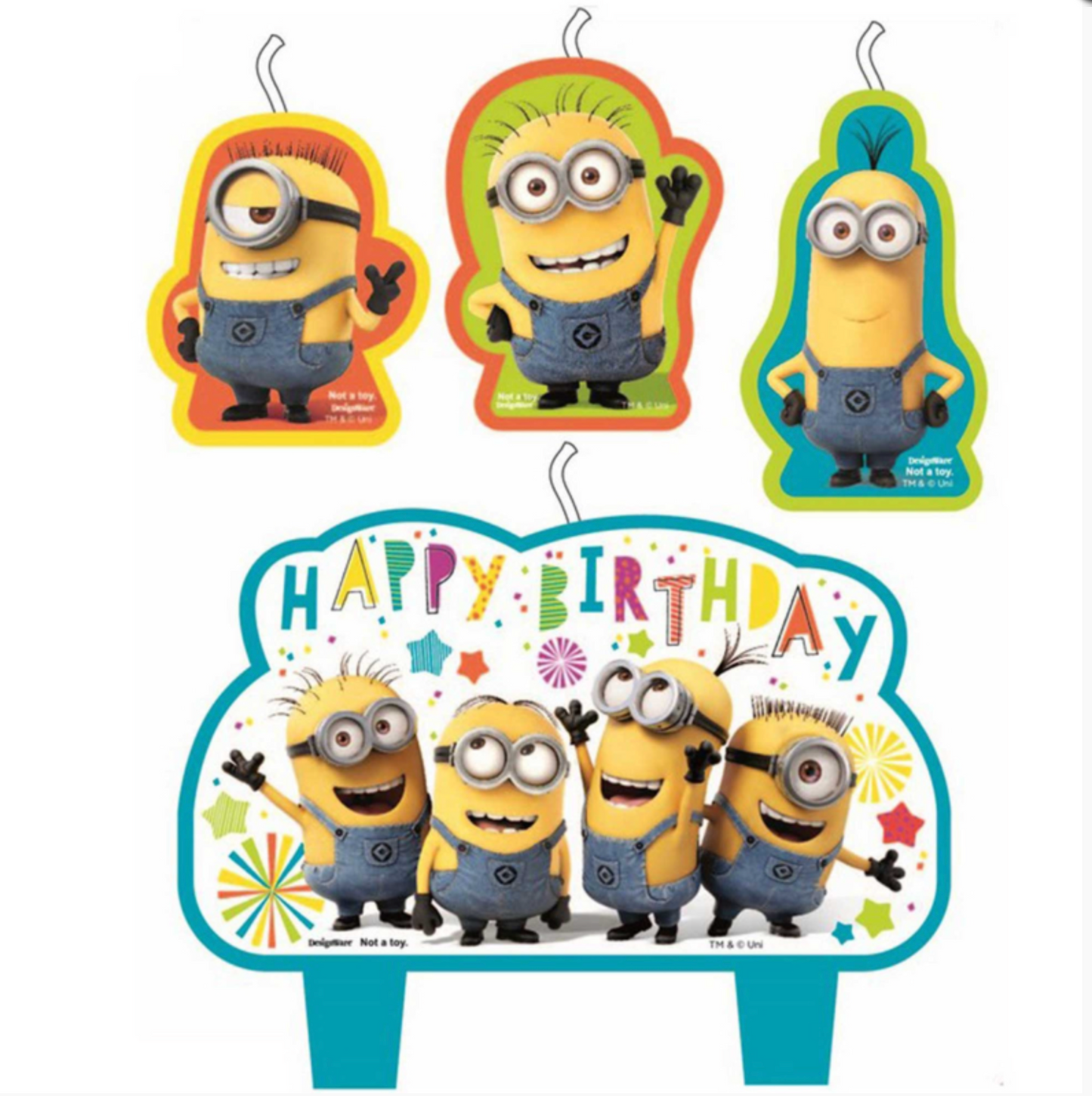 Set of Minion-themed birthday candles with a 'Happy Birthday' banner on a white background.