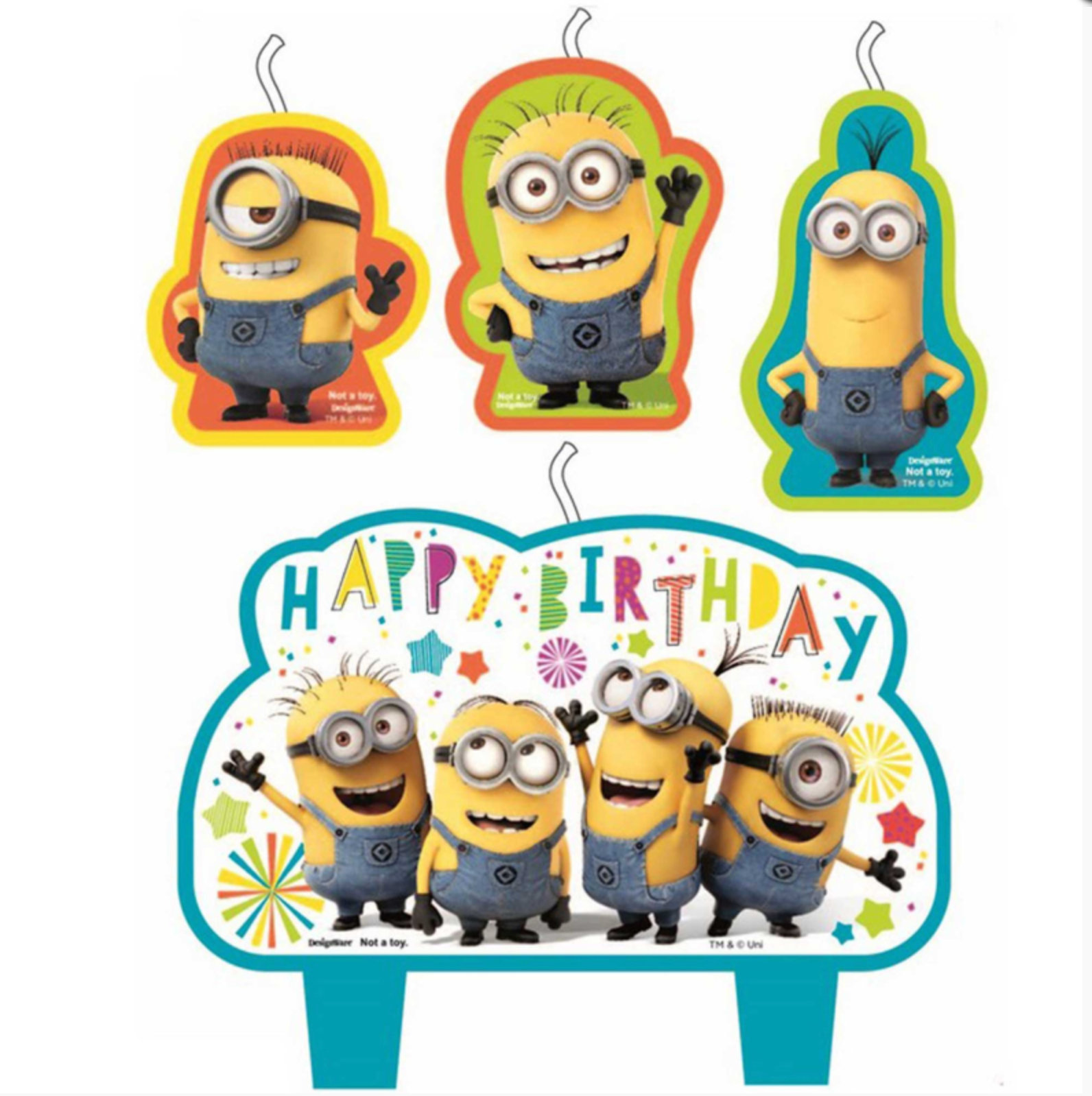 Set of Minion-themed birthday candles with a 'Happy Birthday' banner on a white background.