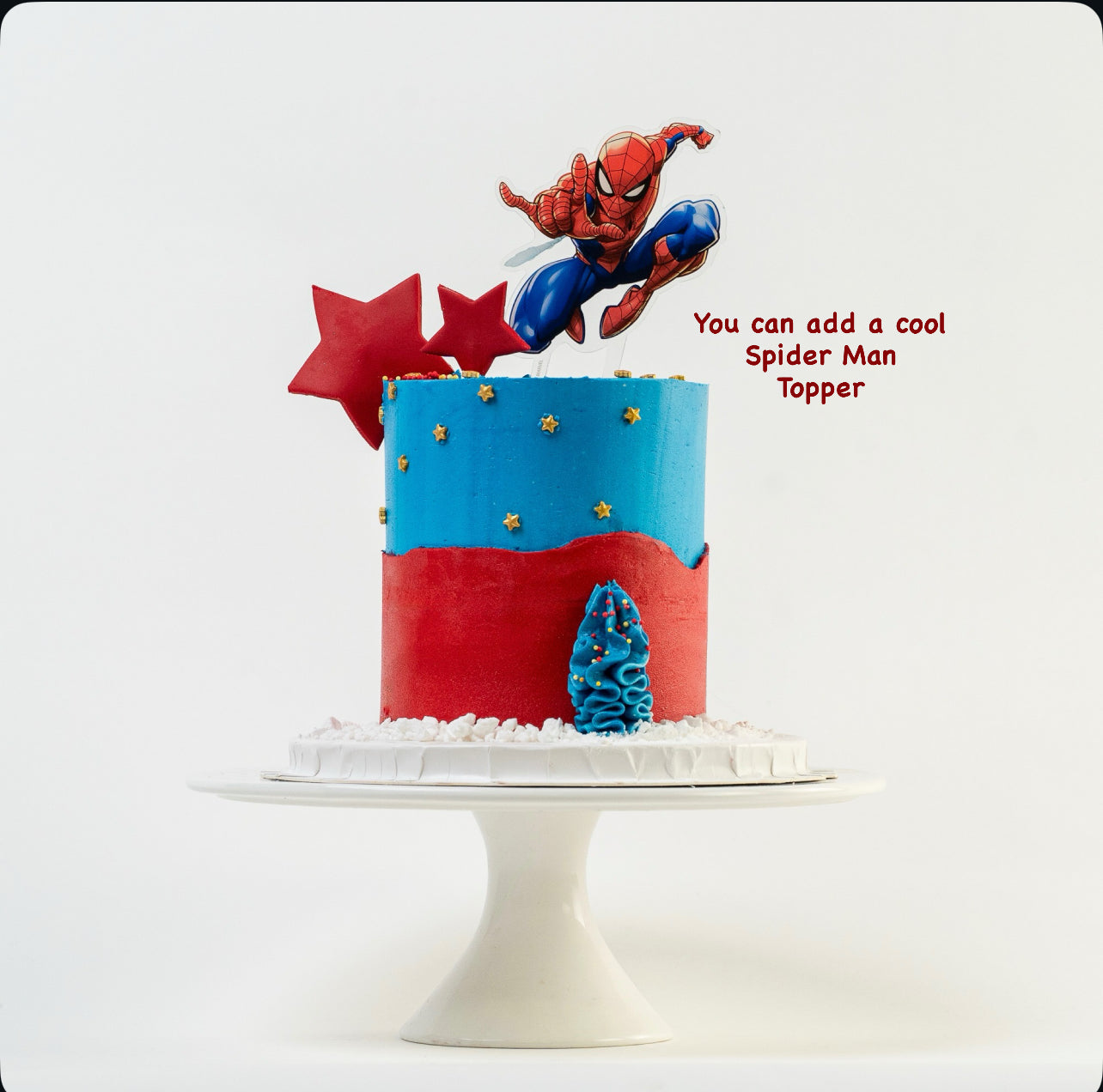 Spiderman topper on a Superhero themed cake blue and red buttercream gold stars  Made with love by Cute Cakes & Co, Brisbane Favourite cake shop. 
5 star review cake shop in Brisbane. 