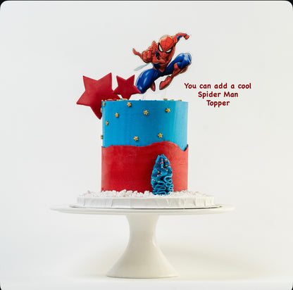 Spiderman topper on a Superhero themed cake blue and red buttercream gold stars  Made with love by Cute Cakes & Co, Brisbane Favourite cake shop. 
5 star review cake shop in Brisbane. 
