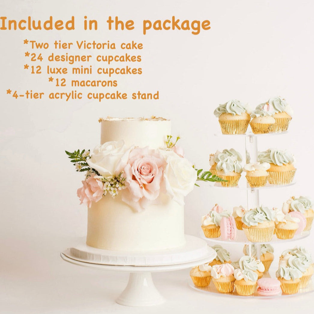 Beautiful Two-tier wedding cake with fresh flower decoration, includes  24 Chocolate and vanilla cupcakes, 12 luxe mini cupcakes, 12 macarons, and a four-tier acrylic cupcake stand, Made by Cute Cakes and co, 5 star cake shop, best cake shop in Brisbane