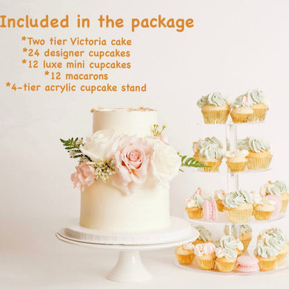 Beautiful Two-tier wedding cake with fresh flower decoration, includes  24 Chocolate and vanilla cupcakes, 12 luxe mini cupcakes, 12 macarons, and a four-tier acrylic cupcake stand, Made by Cute Cakes and co, 5 star cake shop, best cake shop in Brisbane