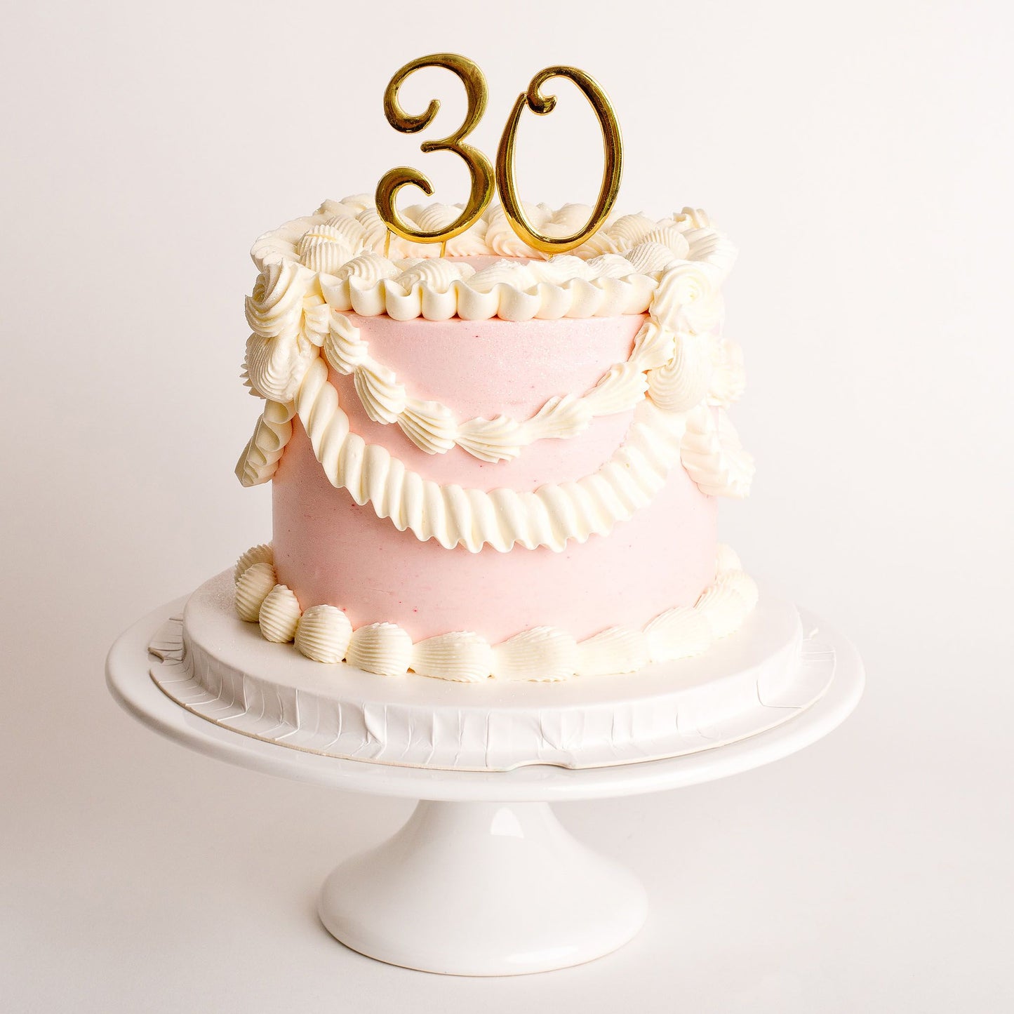 Small birthday cake with vintage piping and edible glitter & 30 gold topper 