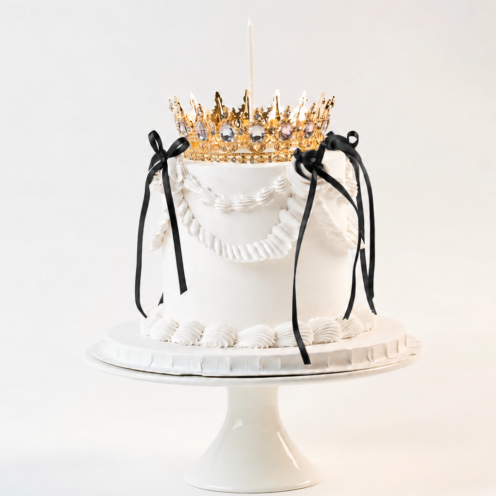A white frosted birthday cake decorated with a gold crown, white piped details, and black ribbon bows, displayed on a white pedestal stand against a clean white background.