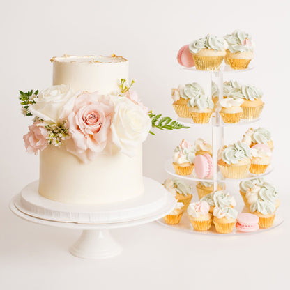 Beautiful Two-tier wedding cake with fresh flower decoration, includes  24 Chocolate and vanilla cupcakes, 12 luxe mini cupcakes, 12 macarons, and a four-tier acrylic cupcake stand, Made by Cute Cakes and co, 5 star cake shop, best cake shop in Brisbane