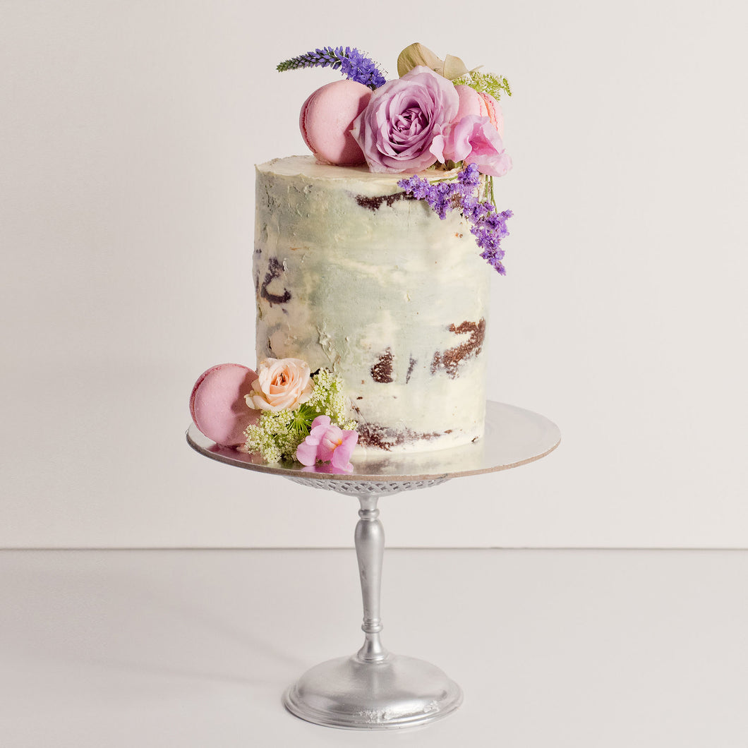 Semi-naked cake decorated with fresh flowers and macarons, birthday cakes, Brisbane cakes, Brisbane cakes, cakes home delivered, cakes home-delivered, Brisbane home delivered cakes, Brisbane home-delivered cakes, Cute Cakes & Co, Cute Cakes and Co