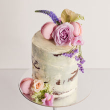 Load image into Gallery viewer, Semi-naked cake decorated with fresh flowers and macarons, birthday cakes, Brisbane cakes, Brisbane cakes, cakes home delivered, cakes home-delivered, Brisbane home delivered cakes, Brisbane home-delivered cakes, Cute Cakes &amp; Co, Cute Cakes and Co
