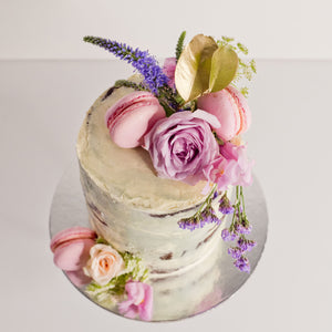 Semi-naked cake decorated with fresh flowers and macarons, birthday cakes, Brisbane cakes, Brisbane cakes, cakes home delivered, cakes home-delivered, Brisbane home delivered cakes, Brisbane home-delivered cakes, Cute Cakes & Co, Cute Cakes and Co