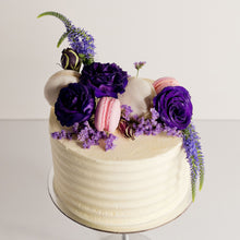 Load image into Gallery viewer, Buttercream cake decorated with fresh flowers and macarons, cakes for women, women&#39;s birthday cakes, birthday cakes, Brisbane cakes, Brisbane cakes, Brisbane cake shop, cakes home delivered, cakes home-delivered, Brisbane home delivered cakes, Cute Cakes &amp; Co, Cute Cakes and Co

