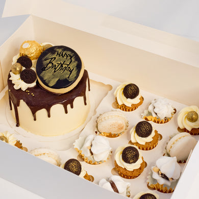 Cute cake and cupcake pack. This cake has silky chocolate dripping over vanilla buttercream icing. Plus mini cupcakes, meringue kisses and macarons. Ideal for work and corporate birthday celebrations. Cute Cakes & Co, Cute Cakes and Co, Brisbane online cake shop, Caxton Street cake shop