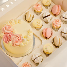 Load image into Gallery viewer, Cute cake and cupcake pack. Pretty pink and white cake decorated with tasty buttercream. Plus mini cupcakes, meringue kisses and macarons. Ideal for work and corporate birthday celebrations. Cute Cakes &amp; Co, Cute Cakes and Co, Brisbane online cake shop, Caxton Street cake shop

