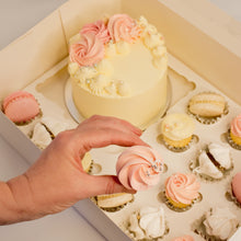 Load image into Gallery viewer, Cute cake and cupcake pack. Pretty pink and white cake decorated with tasty buttercream. Plus mini cupcakes, meringue kisses and macarons. Ideal for work and corporate birthday celebrations. Cute Cakes &amp; Co, Cute Cakes and Co, Brisbane online cake shop, Caxton Street cake shop
