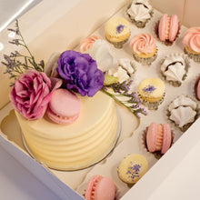 Load image into Gallery viewer, Cute cake and cupcake pack. This cake has a stunning arrangement of fresh flowers and macarons sweeping across the top. Plus mini cupcakes, meringue kisses and macarons. Ideal for work and corporate birthday celebrations. Cute Cakes &amp; Co, Cute Cakes and Co, Brisbane online cake shop, Caxton Street cake shop
