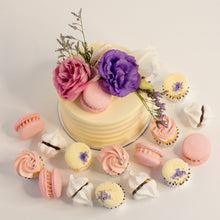 Load image into Gallery viewer, Cute cake and cupcake pack. This cake has a stunning arrangement of fresh flowers and macarons sweeping across the top. Plus mini cupcakes, meringue kisses and macarons. Ideal for work and corporate birthday celebrations. Cute Cakes &amp; Co, Cute Cakes and Co, Brisbane online cake shop, Caxton Street cake shop
